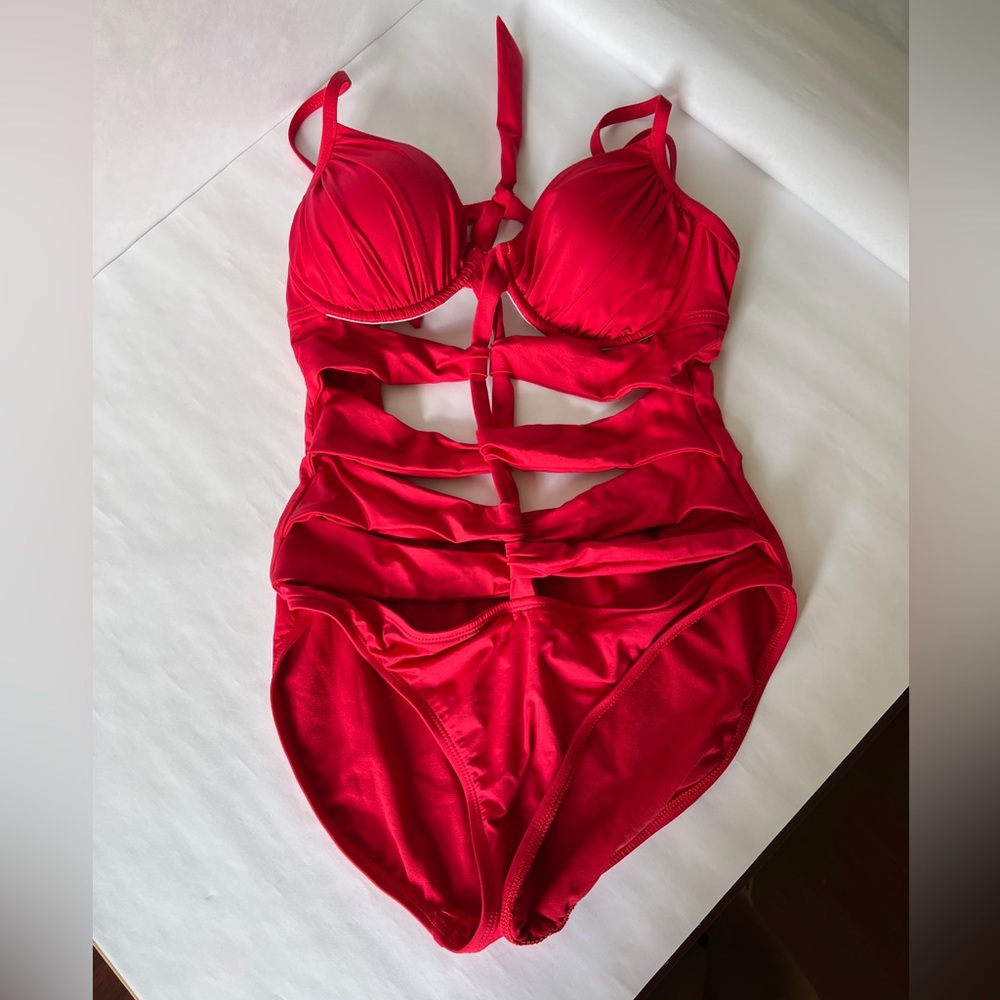 DEEP V RED CUTOUT ONE PIECE SWIMSUIT AND SKIRT main image 1